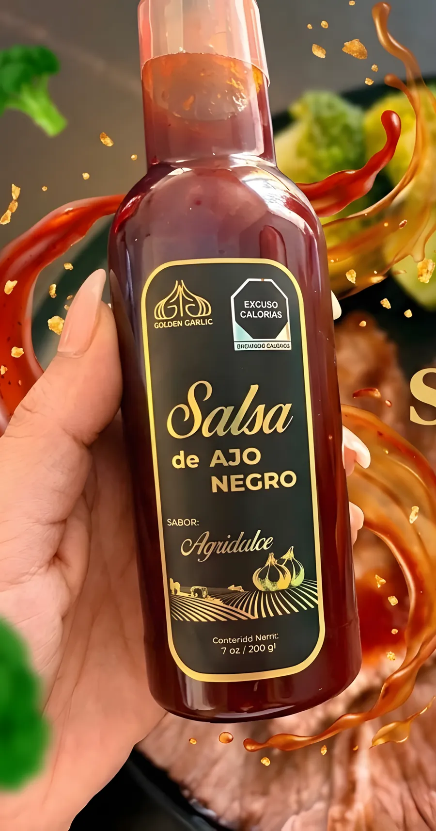 Mano sosteniendo un frasco de salsa de ajo negro Golden Garlic sabor agridulce