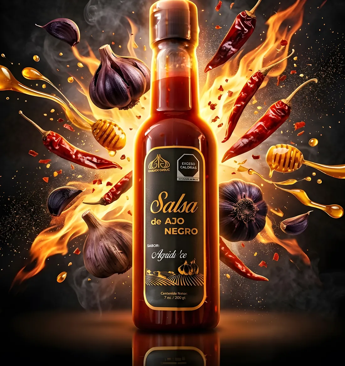 Frasco de salsa de ajo negro Golden Garlic rodeado de cabezas de ajo negro, chiles secos y miel